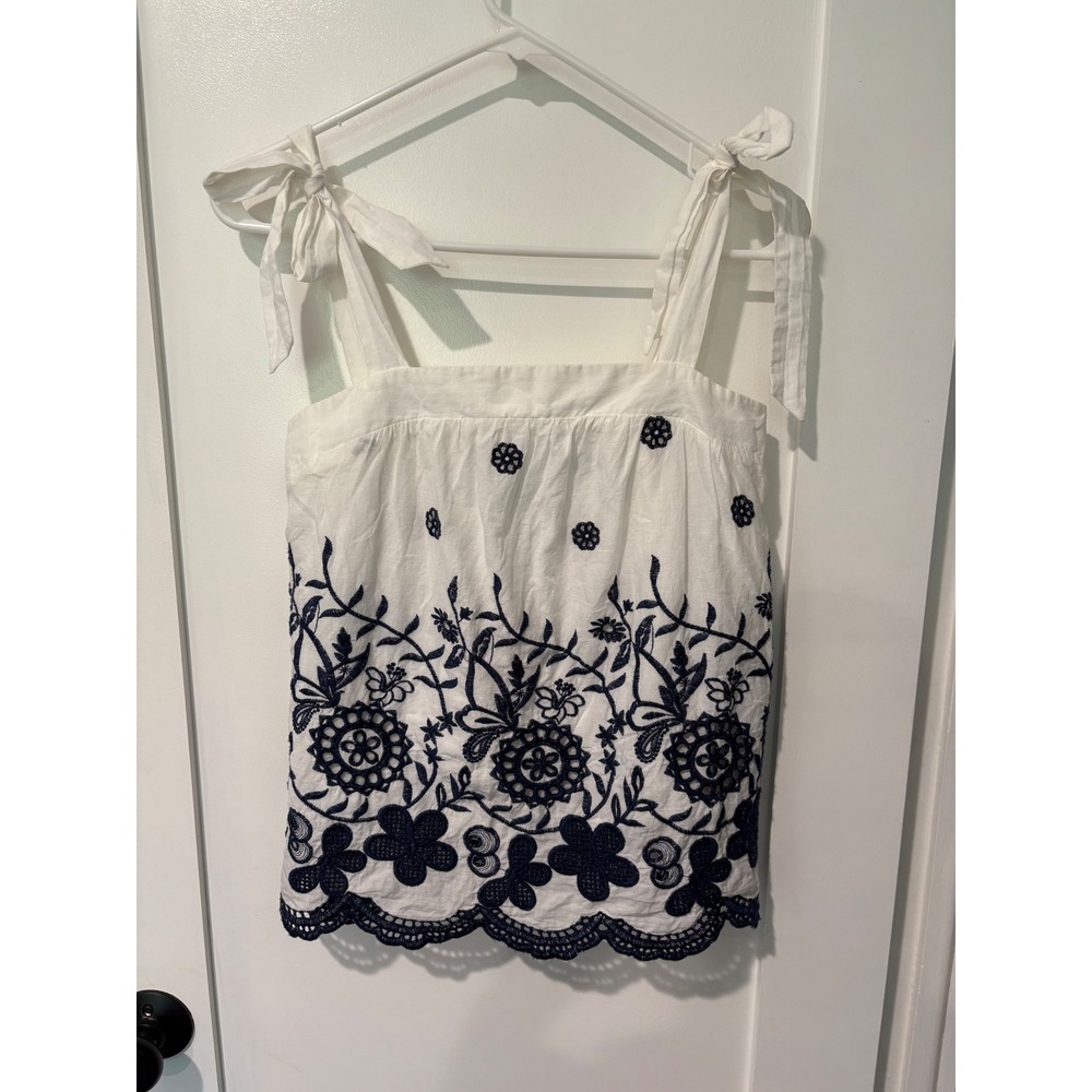 Draper James RSVP White Navy Blue Floral Embroidered Tie Shoulder Top XS